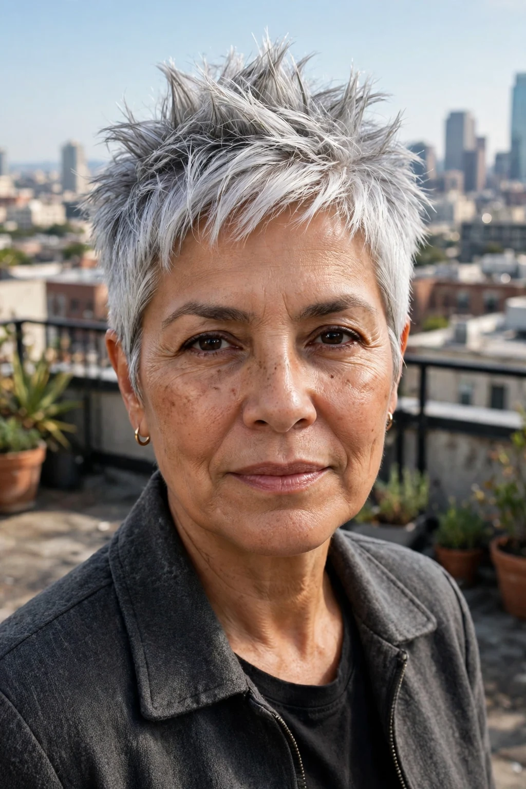 A woman in her late 50s with a spiky silver pixie cut, wearing a charcoal jacket at a rooftop terrace.