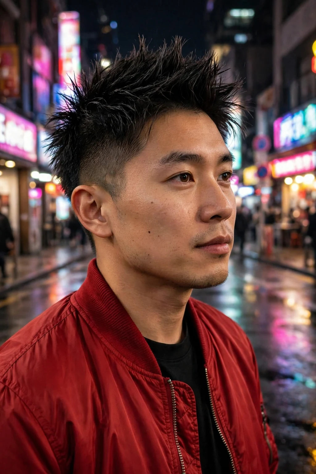 Young man with a spiky textured crop for thick hair, wearing a red jacket on a city street at night.