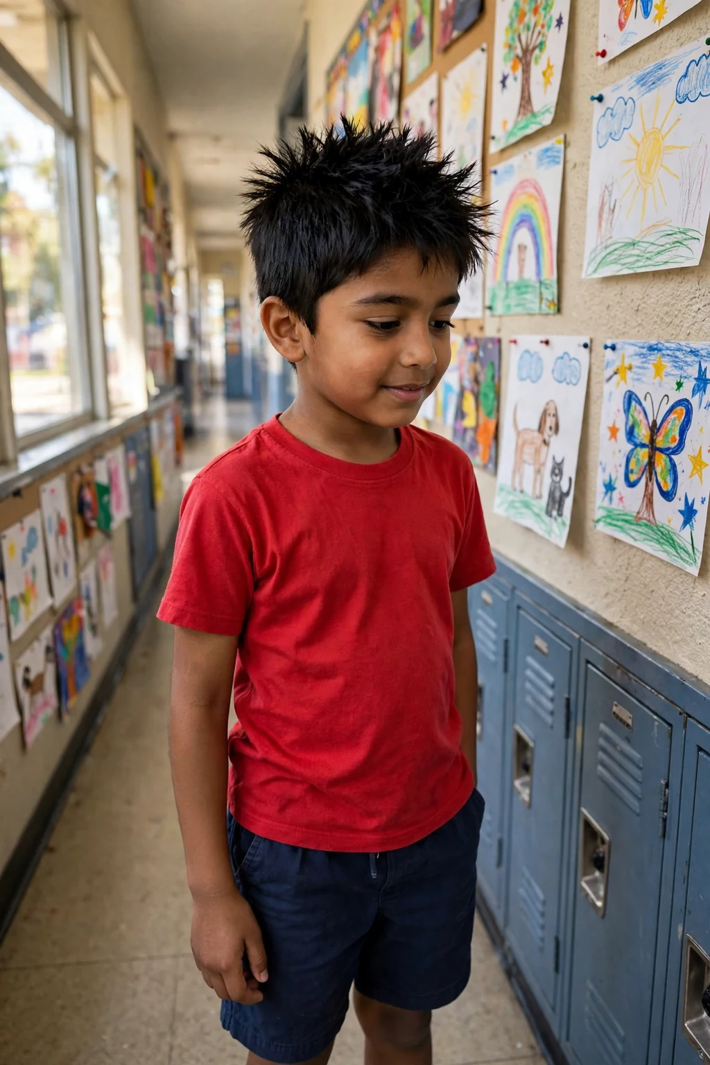 A schoolboy with a spiky textured haircut in a school corridor.
