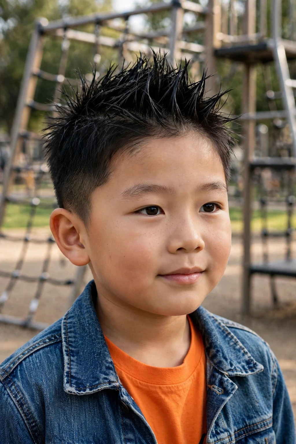 A young boy with a spiky top haircut and short sides, at a playground wearing an orange T-shirt under a denim jacket.