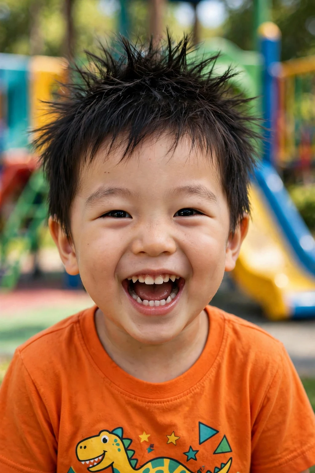 An energetic four-year-old toddler boy with a spiky top haircut, wearing an orange graphic tee on a playground.