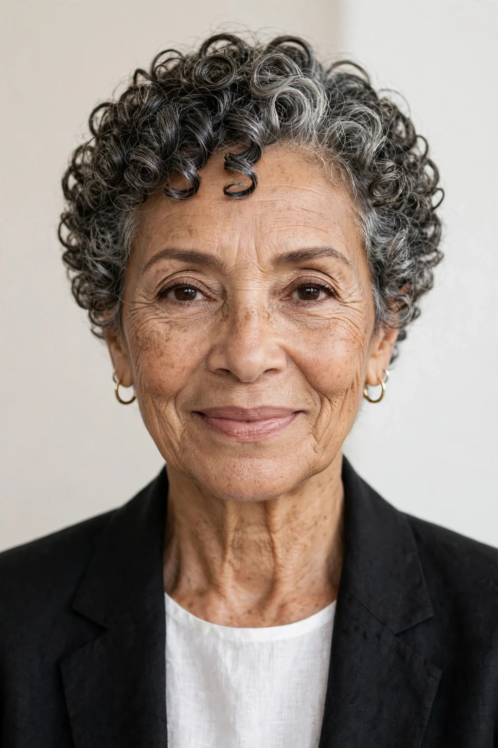 Elegant woman over 60 with spiral curl crop, defined springy spirals, bright light.