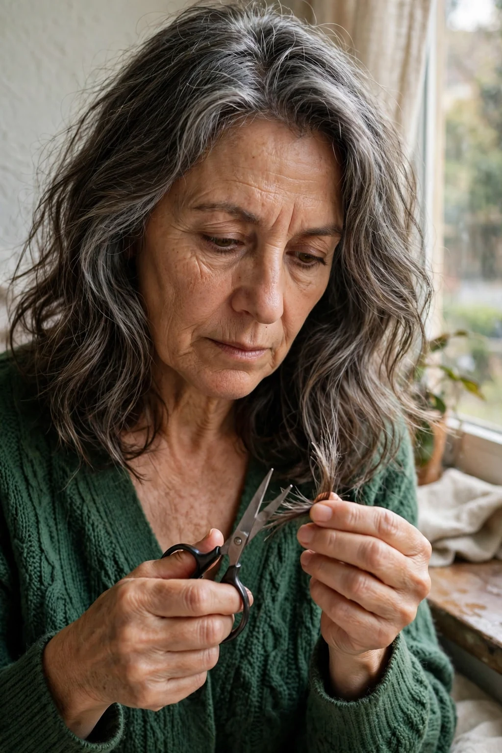 An older woman with gray-streaked wavy hair examining the ends of her hair for split ends while sitting by a window at home.