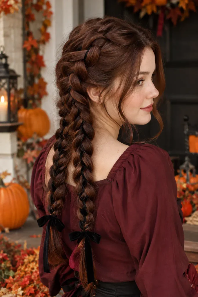 Young woman with long dark auburn hair styled in two Dutch braids woven with thin black velvet ribbons Halloween Hairstyles for Women, wearing a burgundy blouse in a warm autumn Halloween setting.
