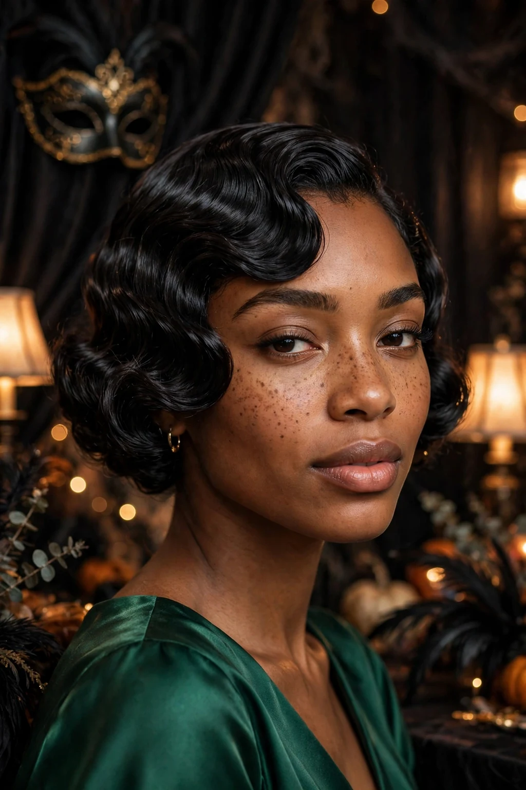 Young woman with sculpted vintage finger waves on short hair, wearing an emerald green dress at a masquerade-style Halloween party.