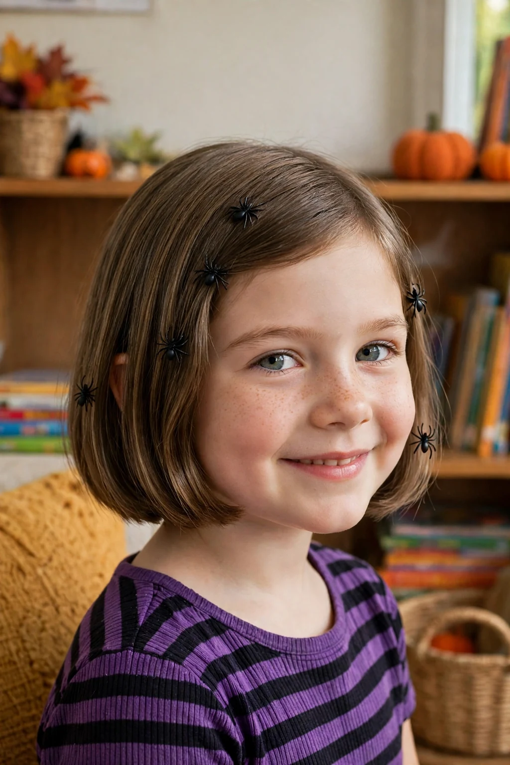 A young girl with a chin-length bob and small spider clips, wearing a striped top in a school reading corner.