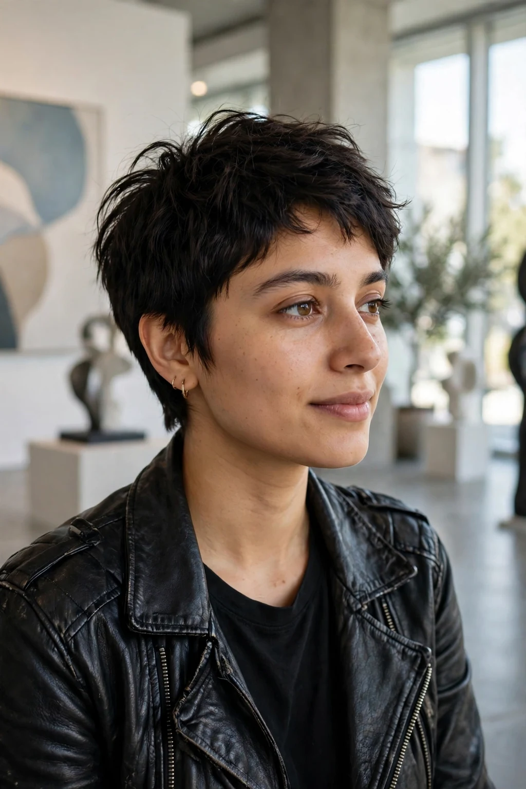 Young woman with a spring pixie cut and soft texture, in an art gallery wearing a black leather jacket.