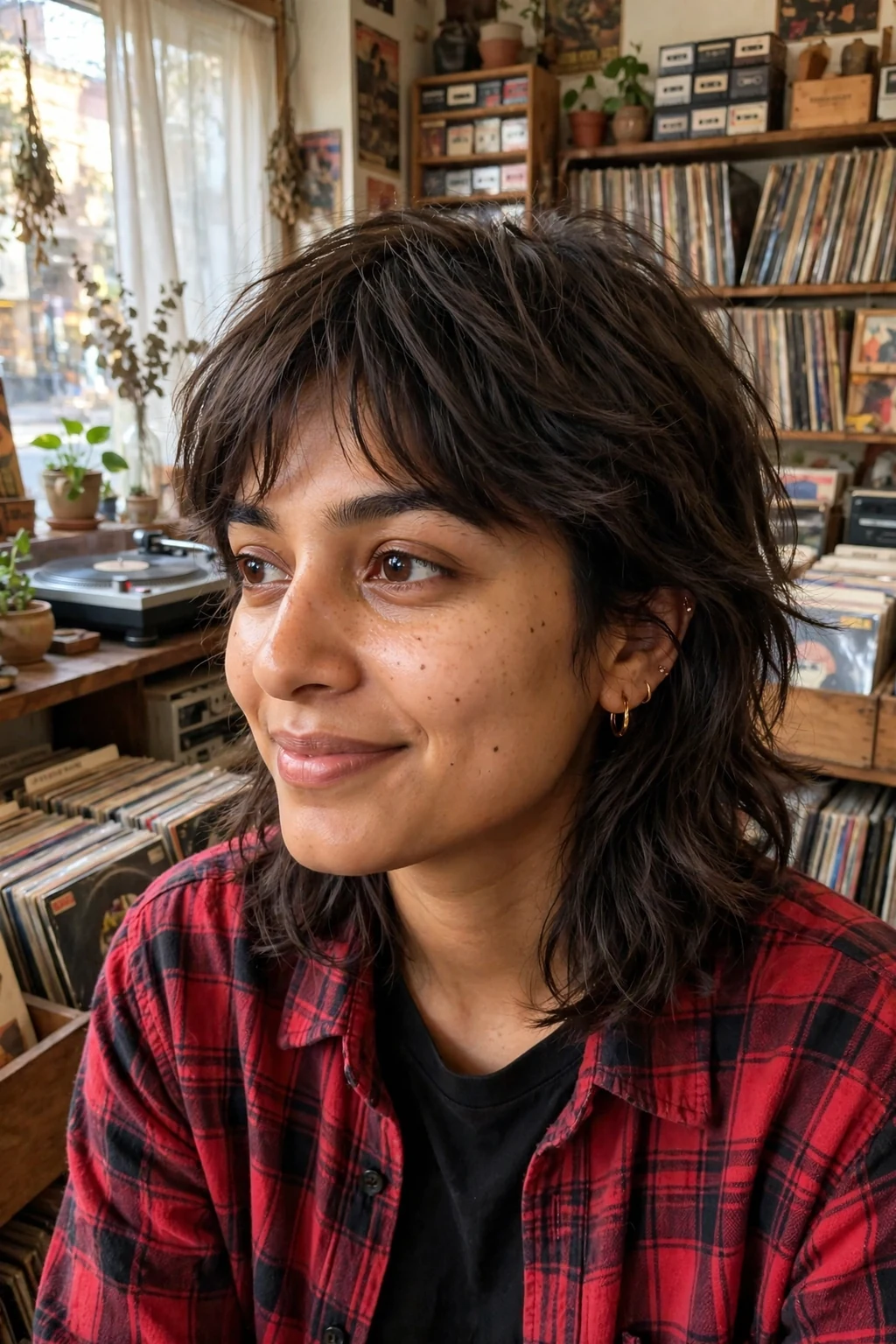 Young woman with a spring shag cut and piecey texture, in a record shop wearing a red plaid shirt.