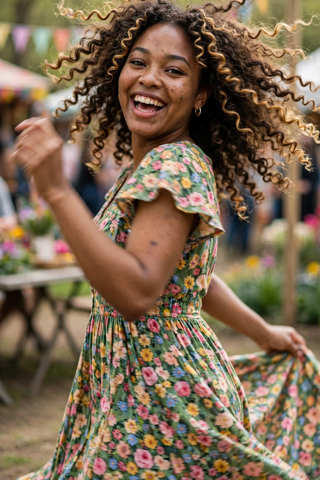 A young woman with spring spiral curls and golden highlights, dancing at an outdoor festival in a floral maxi dress.