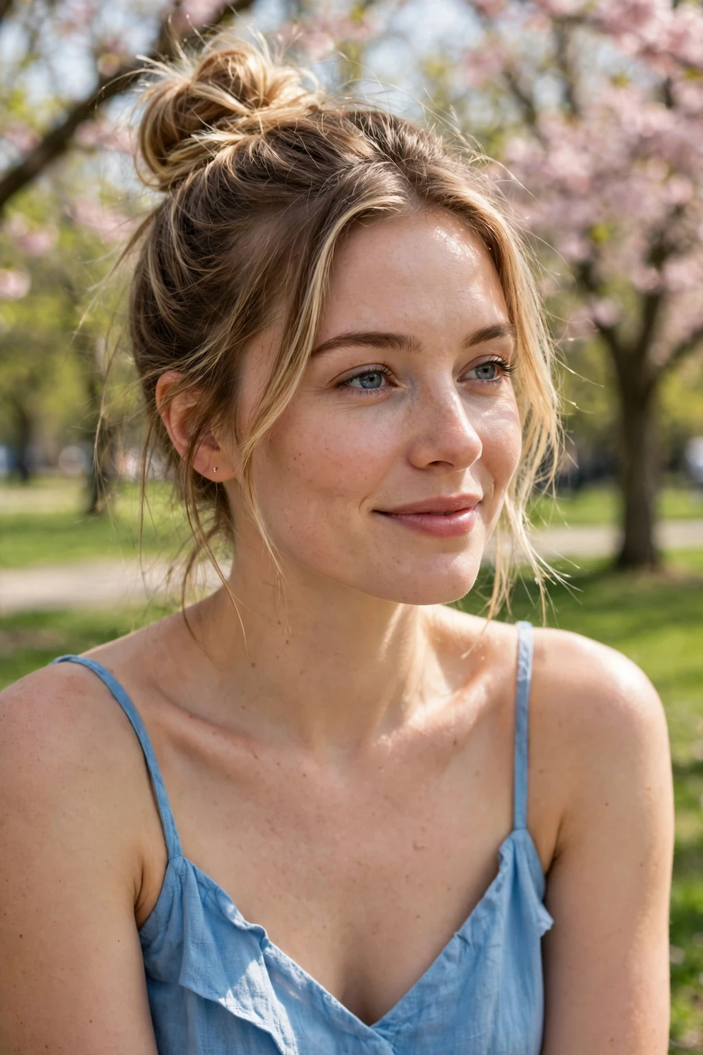 Young woman with a springtime top knot and soft face-framing pieces, in a sunny park wearing a sky blue sundress.