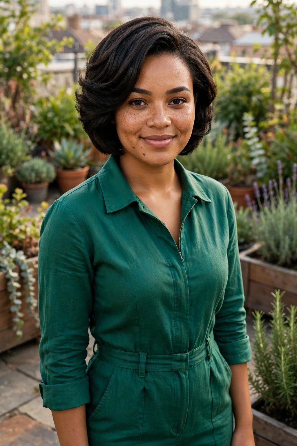 Young South African woman with a stacked bob in a rooftop garden in a green jumpsuit.