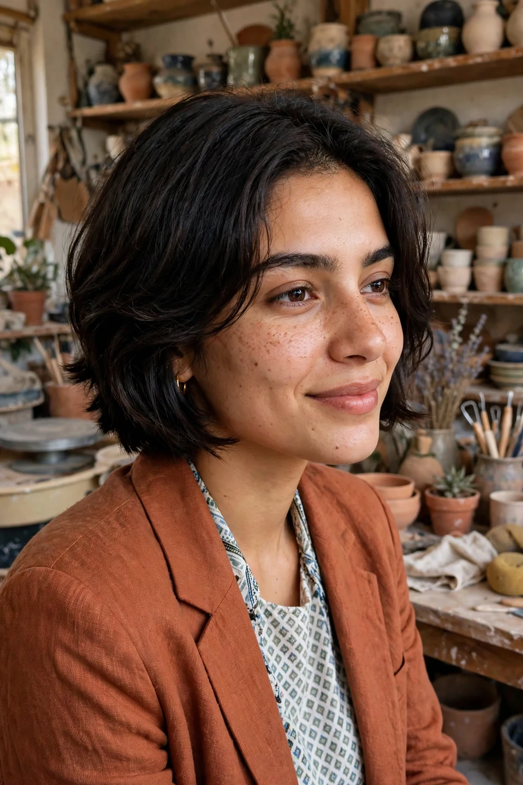 Young woman with a stacked bob with graduated layers at the back creating a rounded, voluminous shape.
