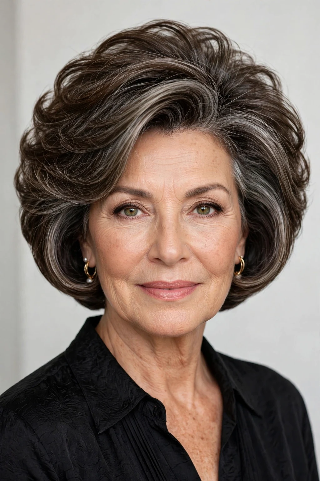 Elegant woman over 50 with stacked bob, voluminous graduated shape, glamorous light.
