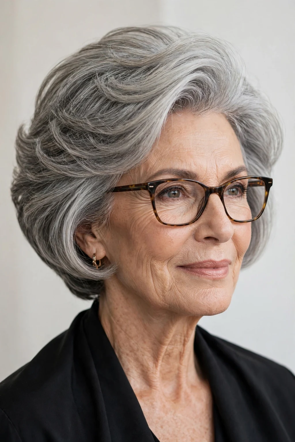 Elegant woman over 60 with glasses and stacked bob, voluminous graduated shape, glamorous light.