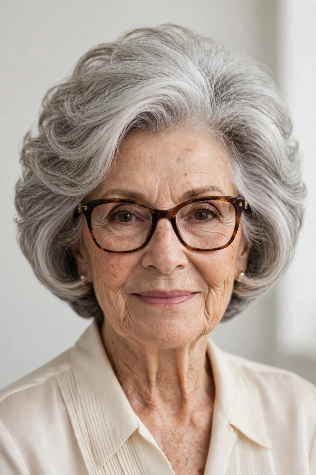 Elegant woman over 70 with glasses and stacked bob, voluminous graduated shape, glamorous light.