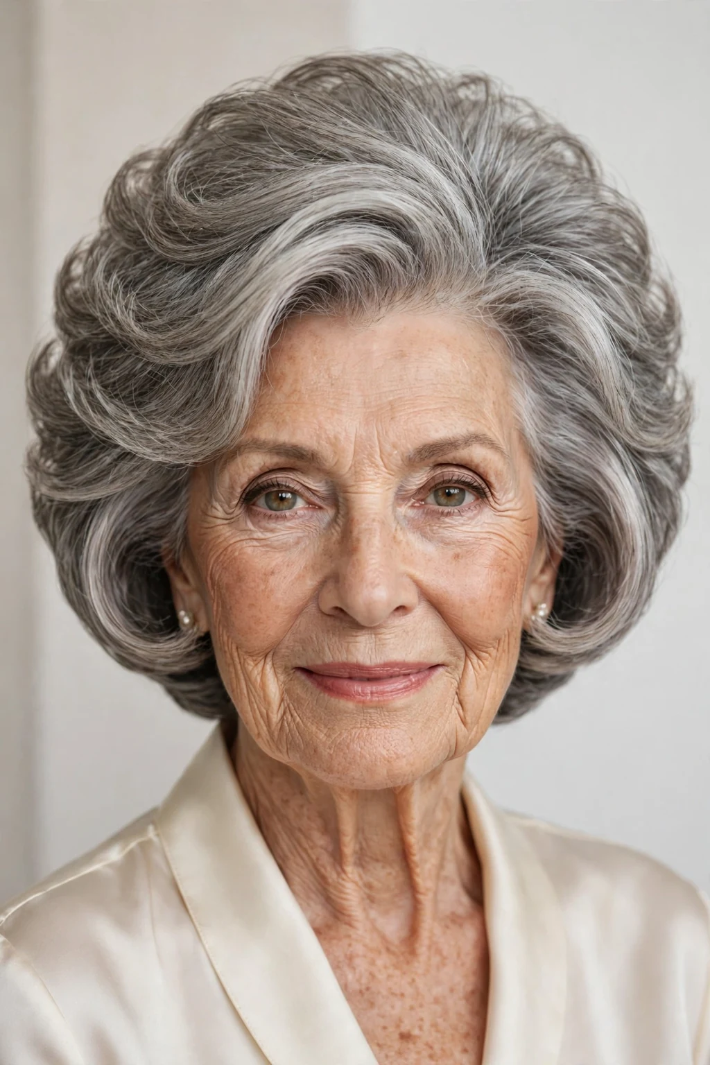 Elegant woman over 70 with stacked bob, voluminous graduated shape, glamorous light.