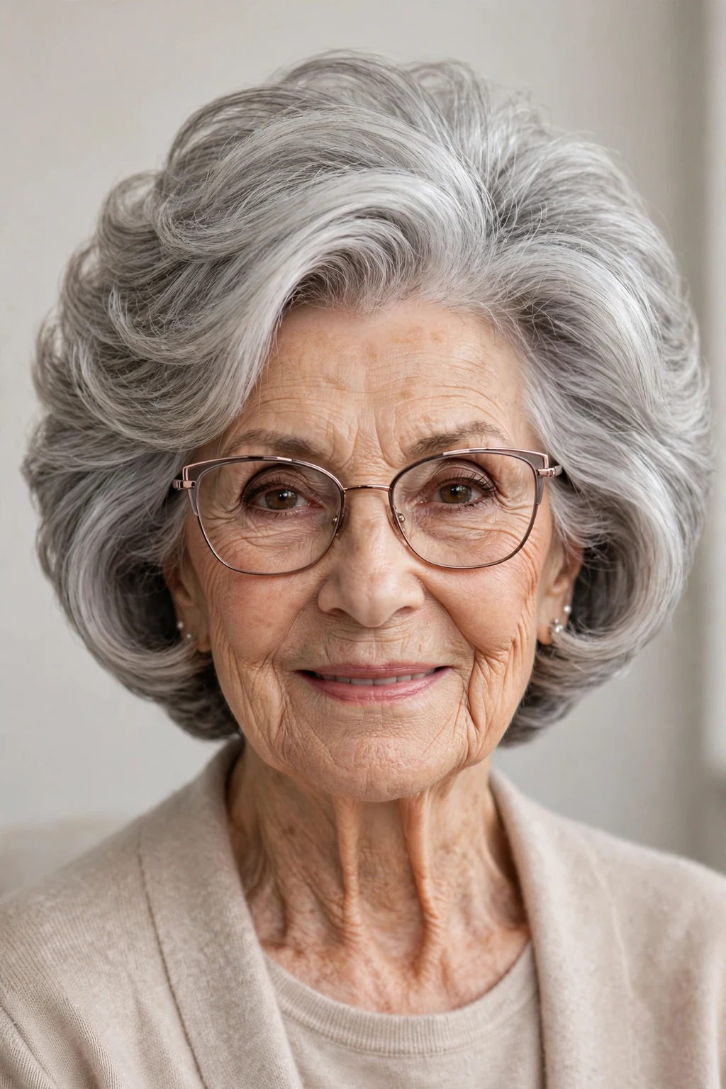 Elegant woman over 80 with glasses and stacked bob, voluminous graduated shape, glamorous light.