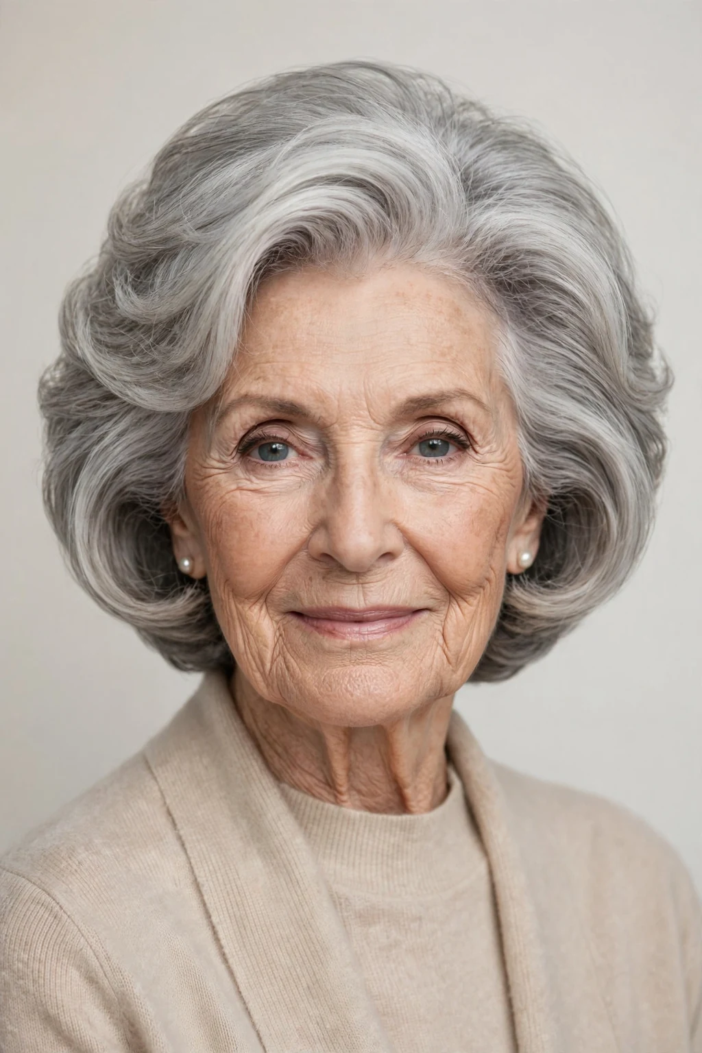 Elegant woman over 80 with stacked bob, voluminous graduated shape, glamorous light.