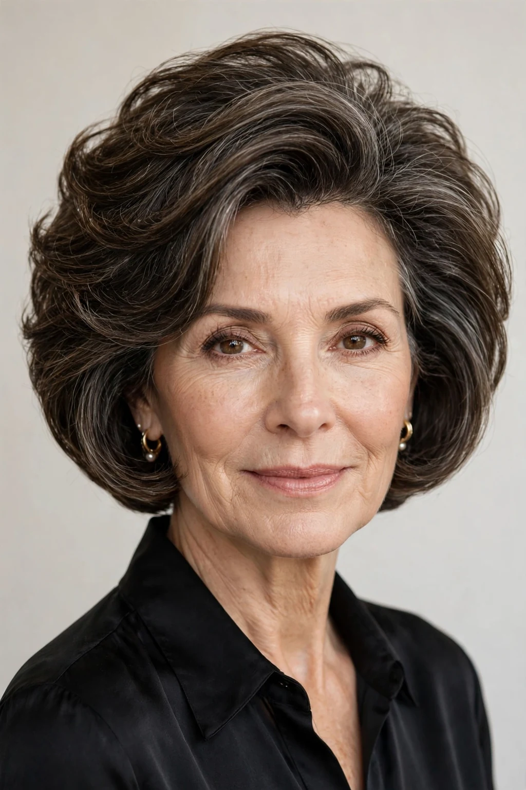 Elegant woman over 50 with stacked bob, voluminous graduated shape, glamorous light.