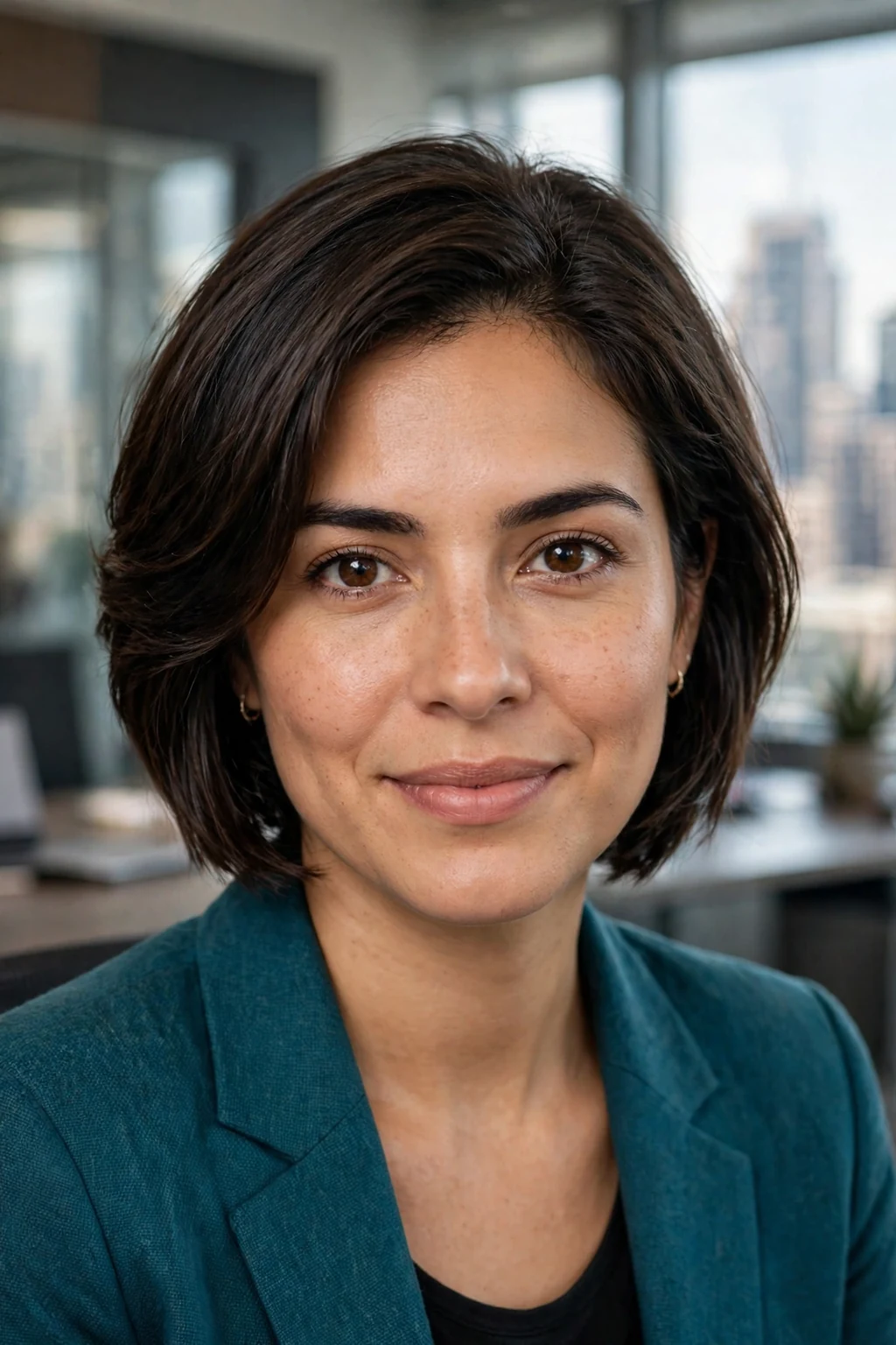 A young woman with a stacked chin bob, wearing a teal blazer in a city office.