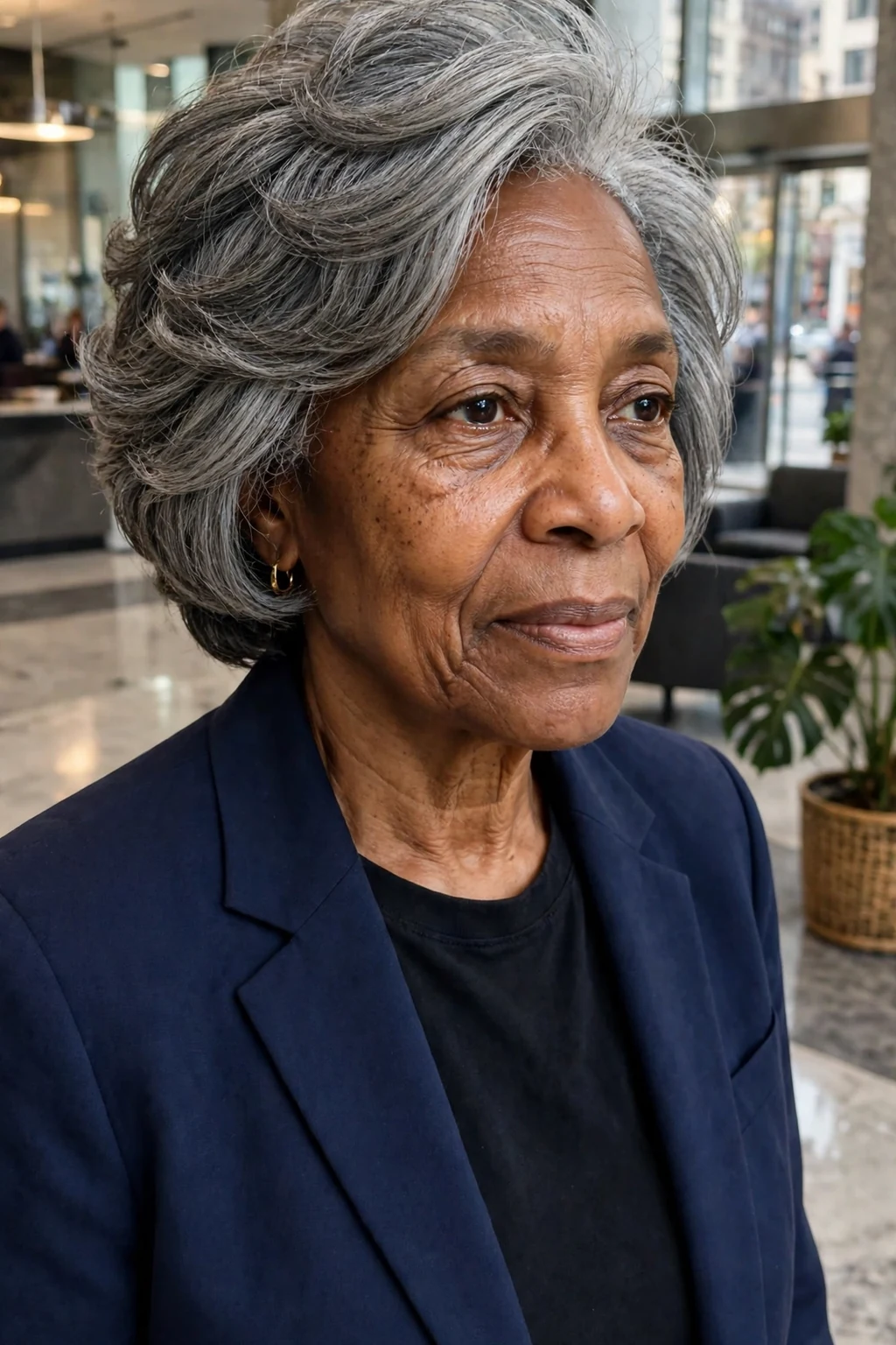 A mature Black woman in her sixties with a stacked gray bob, wearing a navy blazer in a downtown office.