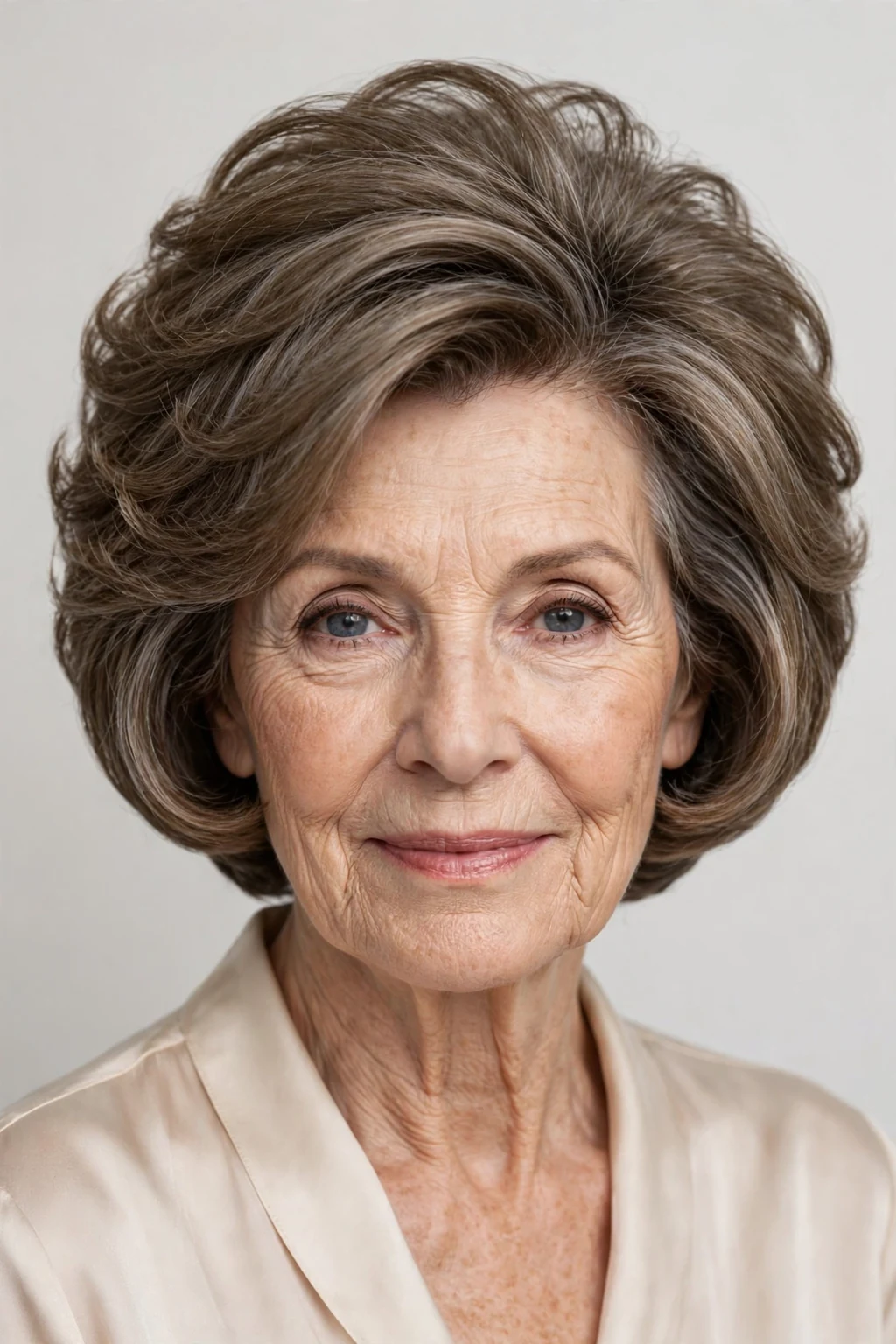 Elegant woman over 50 with stacked short bob, voluminous graduated shape, glamorous light.
