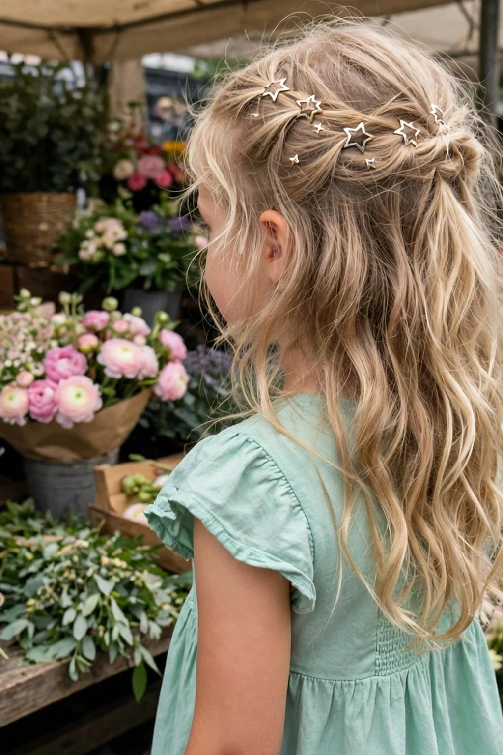 A young girl with long wavy hair worn half-up with star-shaped clips, at a flower stall in a farmers market.