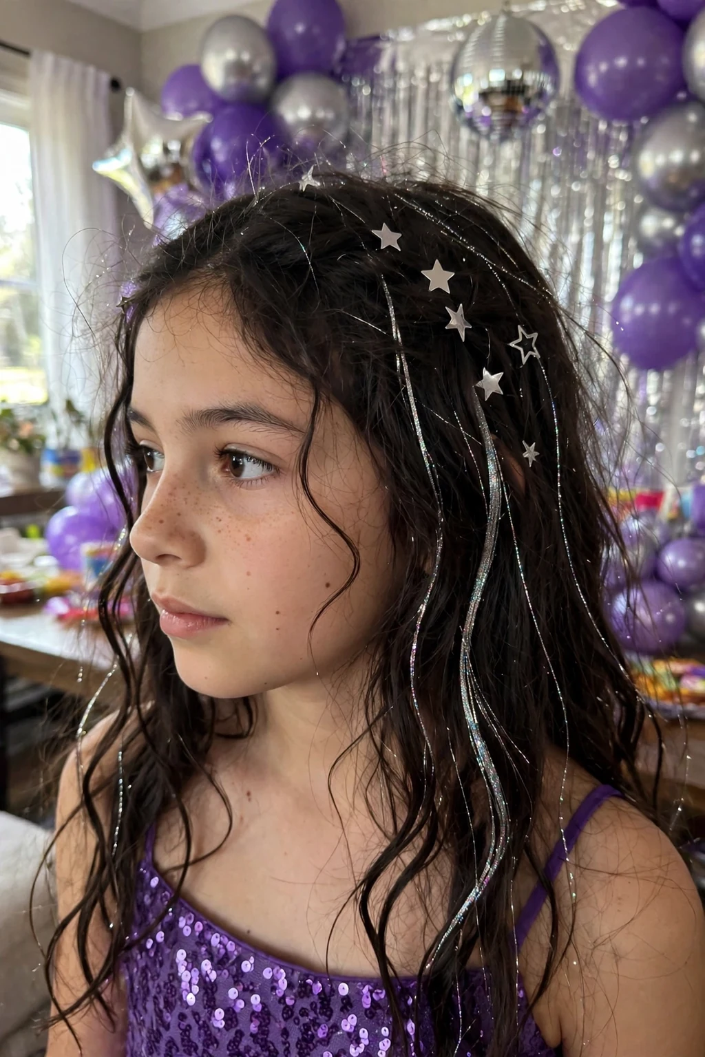A young girl with loose glitter waves and star pins at a disco-themed birthday party.