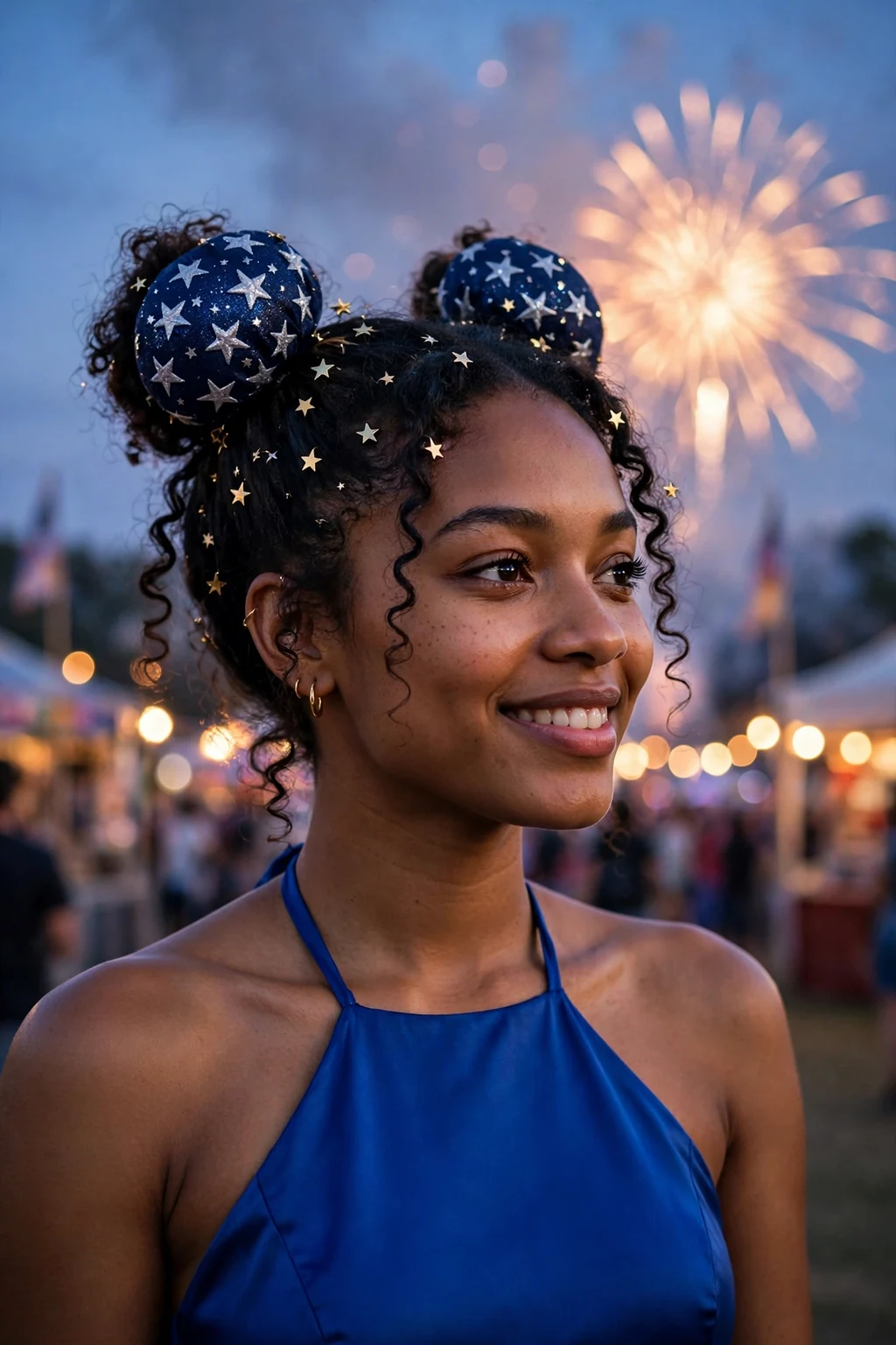Young woman with star-spangled space buns and glitter at a fireworks festival.