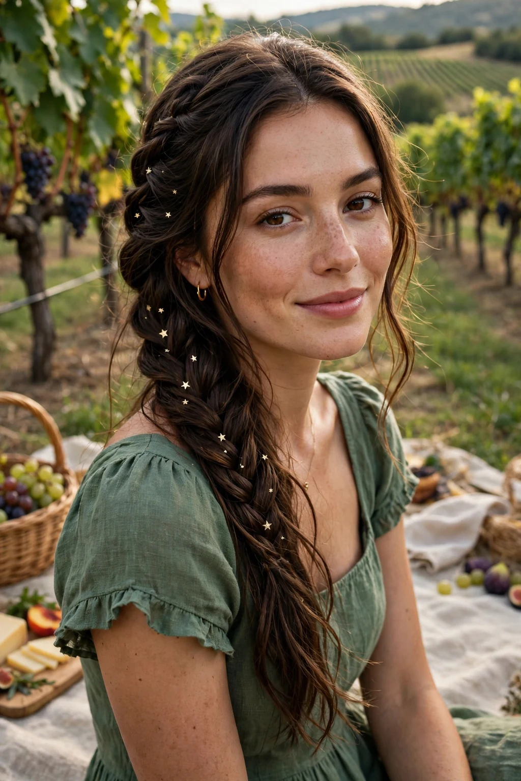 Young woman with a star-spangled waterfall braid at a vineyard picnic.