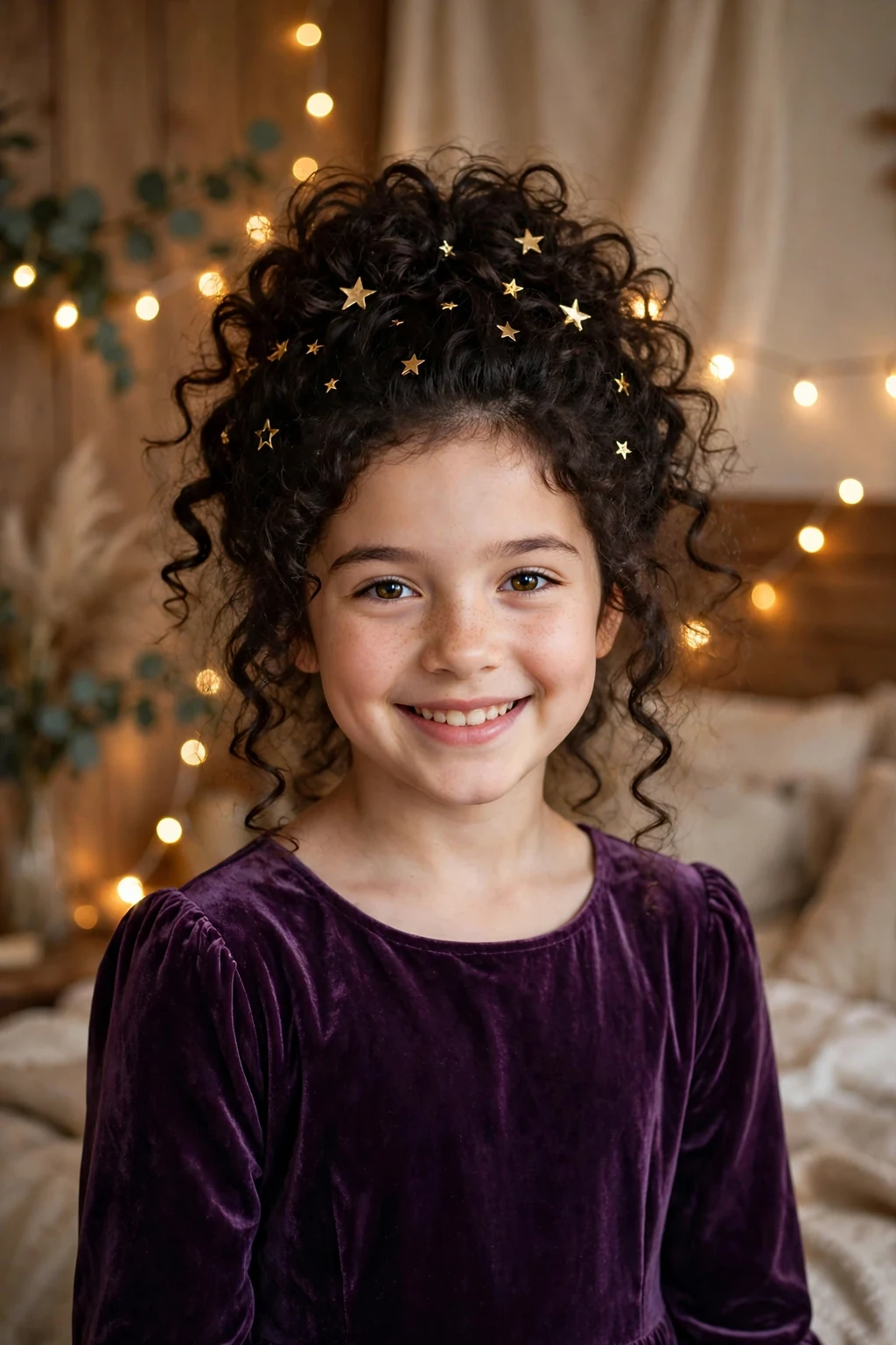 A young girl with a starlight curly updo with gold star clips and soft defined curls.