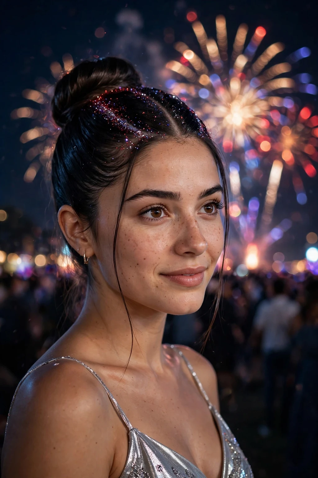 Young woman with a glitter roots updo at a nighttime fireworks celebration.