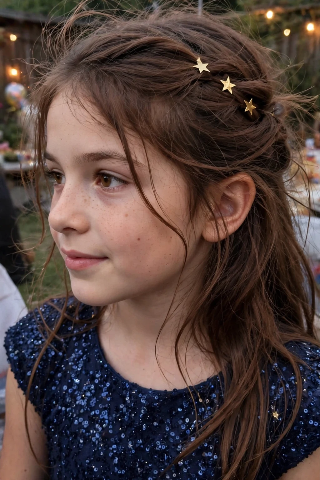 A young girl with long hair swept to one side with star clips at an evening birthday party.