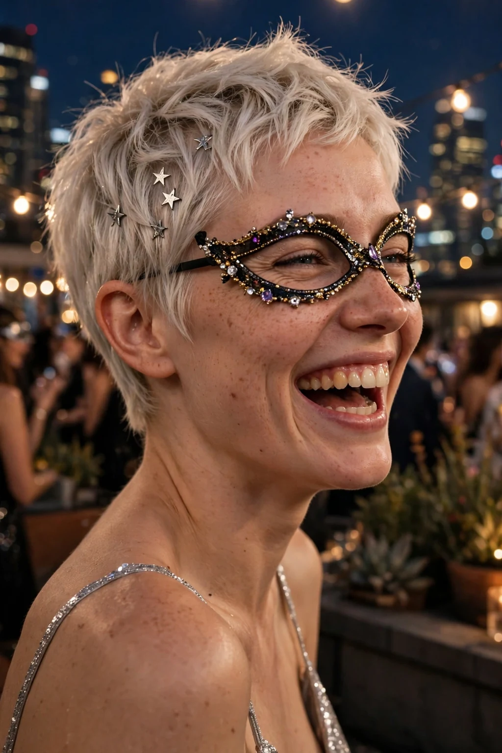 Young woman with a textured platinum pixie crop sparkling with silver star clips and a jeweled masquerade mask at a rooftop party.