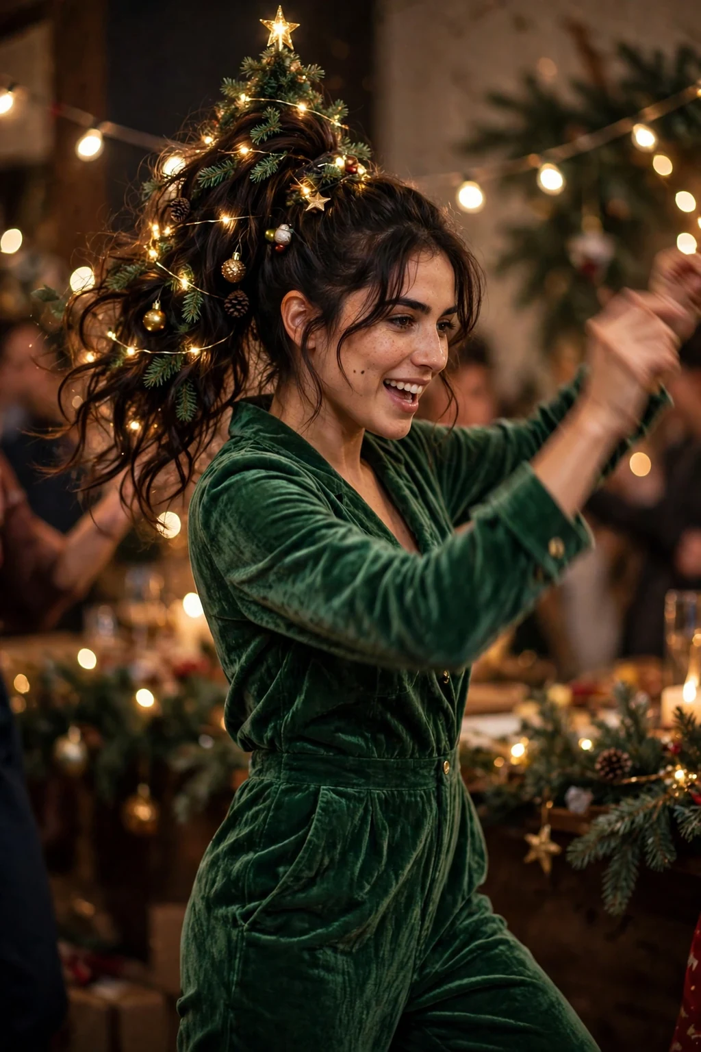 Young woman with starlit tree ponytail hairstyle, festive holiday look.