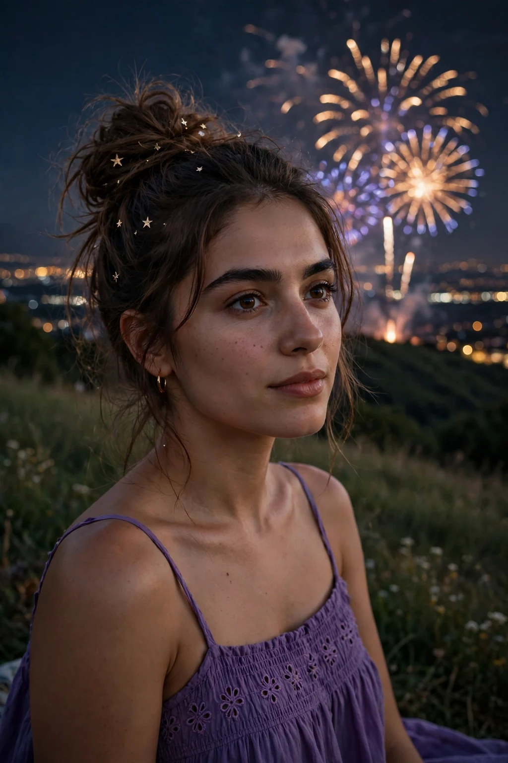 Young woman with a starry night messy bun and gold pins at a fireworks viewing party.