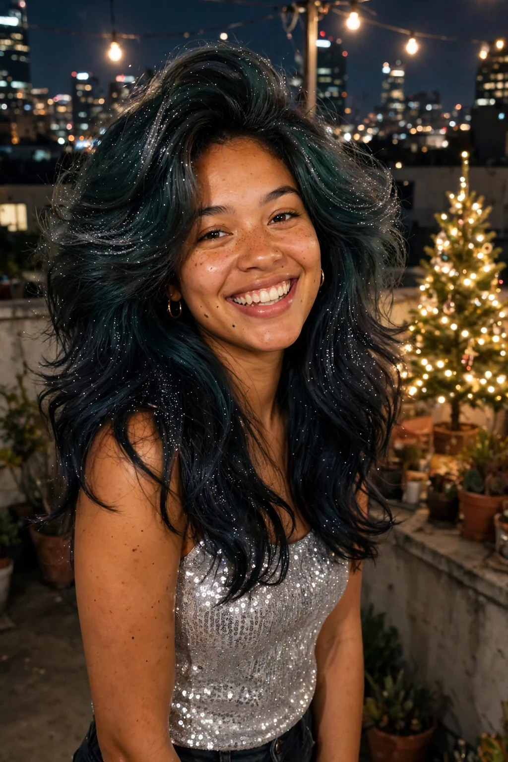 Young woman with a voluminous midnight-green blowout dusted with silver sparkle on a rooftop at night.