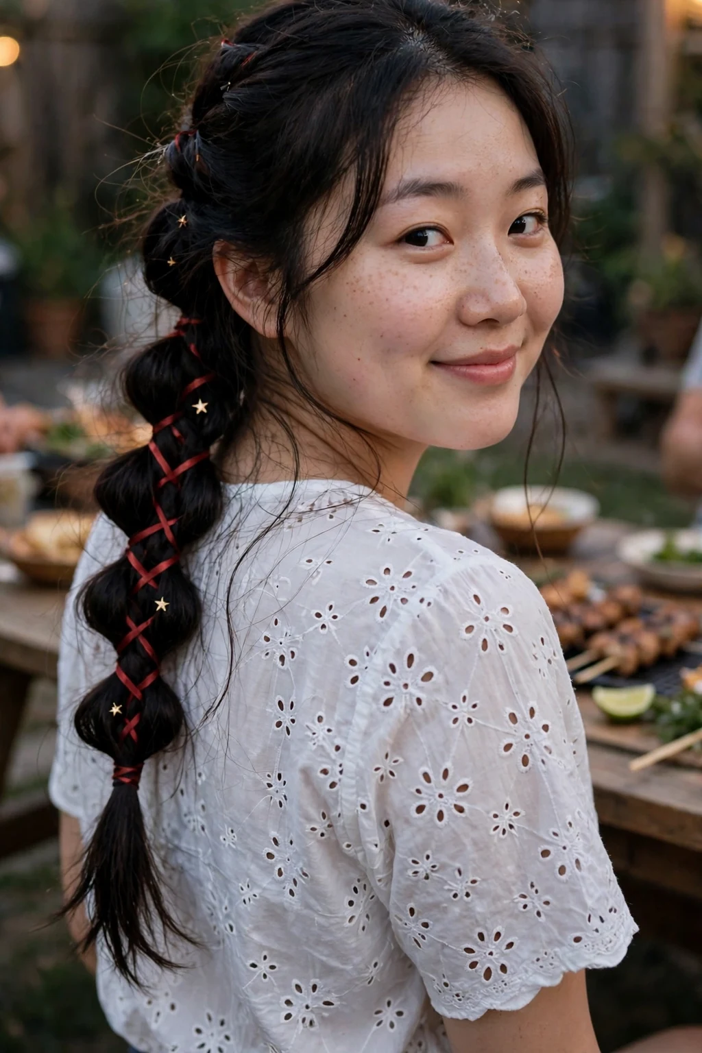 Young woman with a starry red ribbon bubble braid at a fireworks celebration.