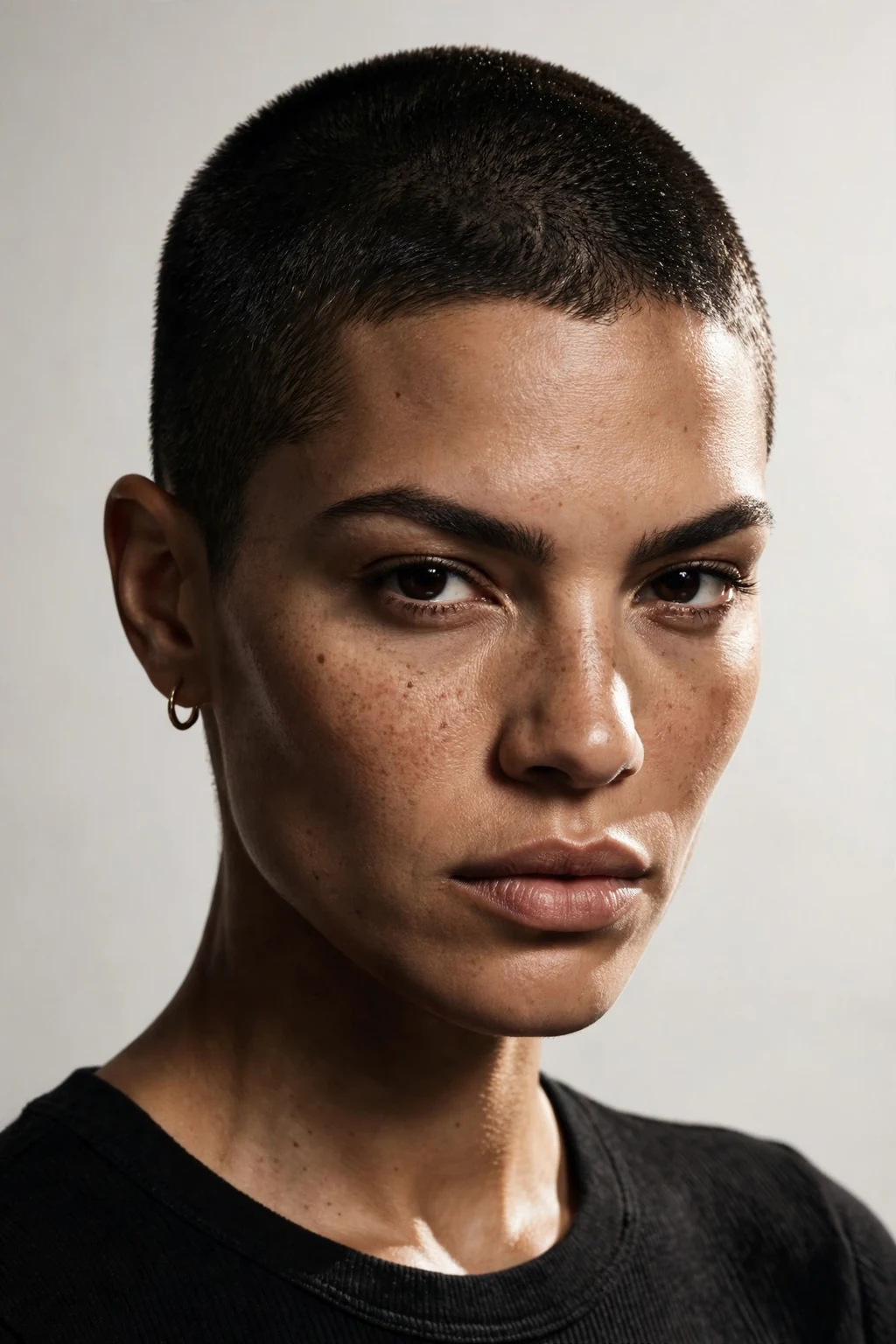 Woman with statement buzz cut, dramatic bold short style, powerful striking light.