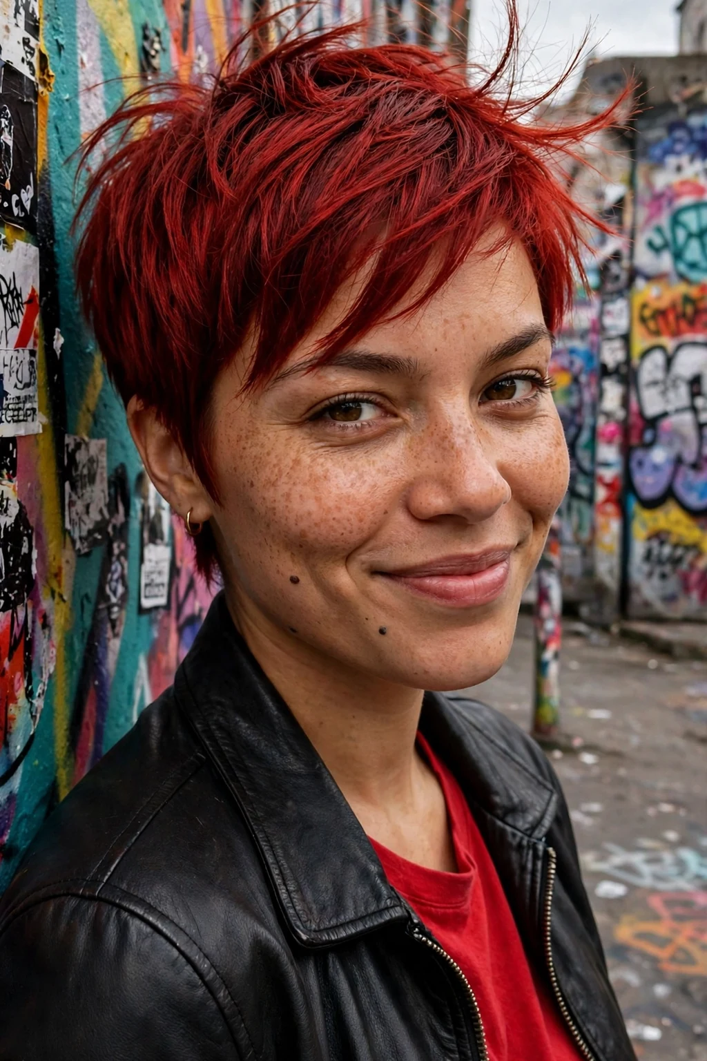 A young woman with a statement red pixie haircut, vivid cherry-red choppy layers with tapered sides.