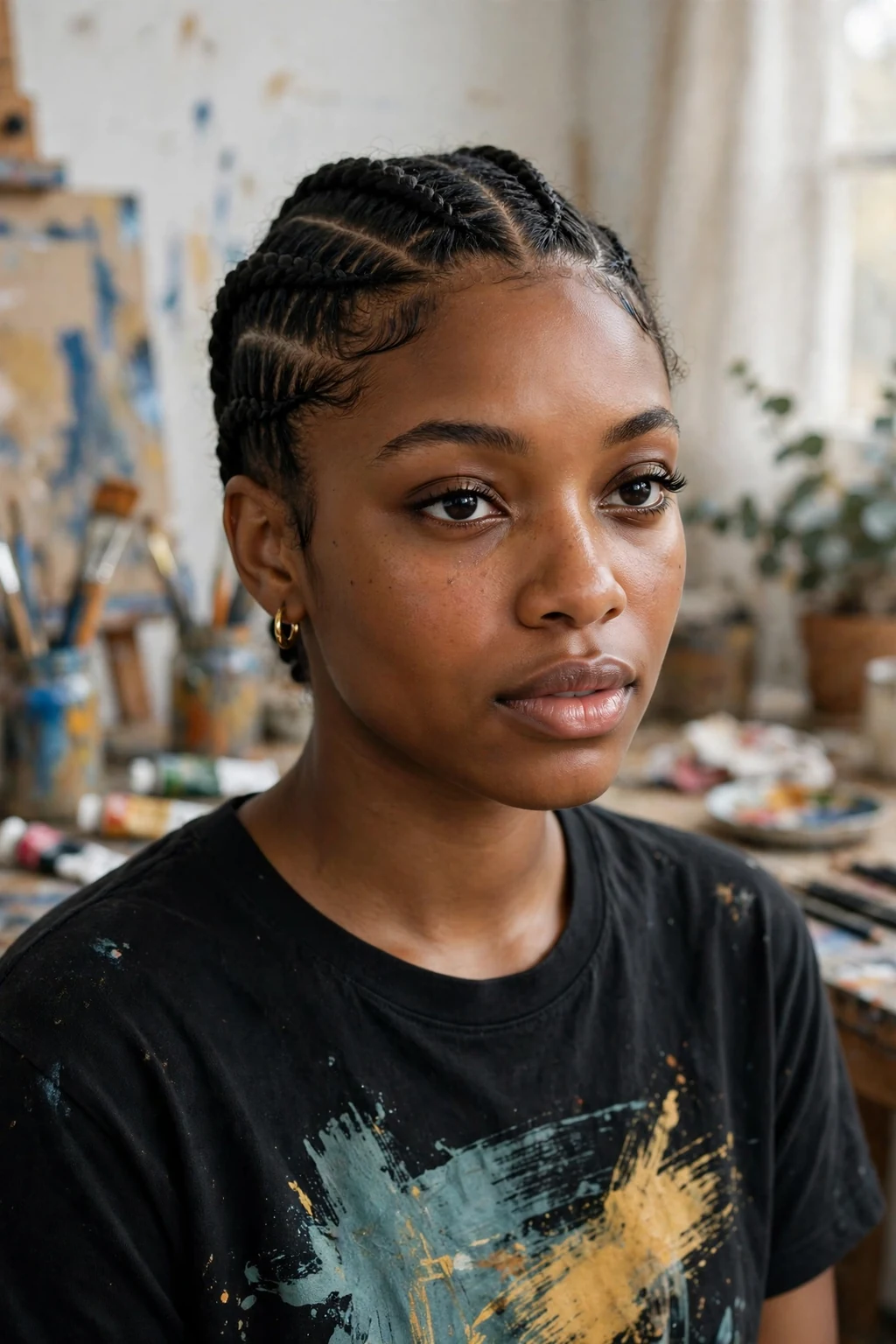 Beautiful woman with stitch braids, precise stitch braids, artistic light.