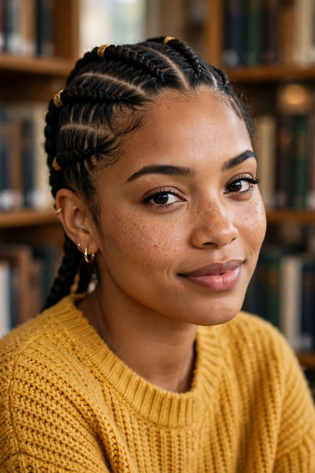 Young Afro-Caribbean woman with stitch cornrows in a library, wearing a mustard sweater.