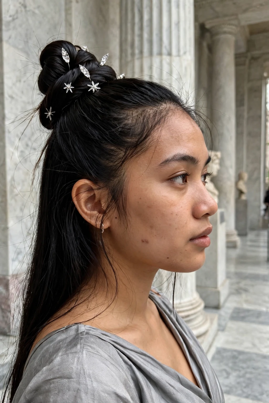 Young Filipina woman with a storybook glass slipper updo in a sleek high twisted knot with sparkling crystal pins, wearing a silver grey gown in a marble museum hall.
