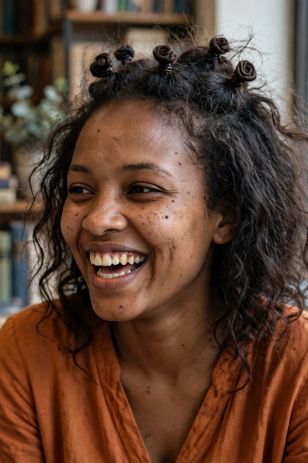 Young East African woman with a storybook rosebud half-updo with small rose-shaped twists at the crown, wearing a burnt orange dress in a bookshop cafe.