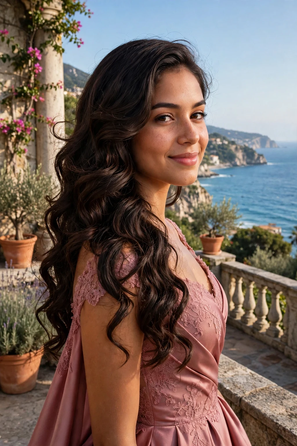 Young woman with storybook side-swept curls over one shoulder, wearing a dusty rose gown.