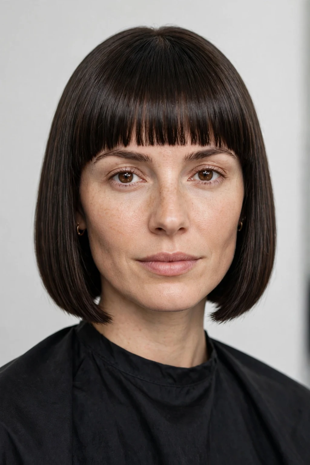 Woman with straight bob and bangs, pin-straight sleek cut, sharp clean light.