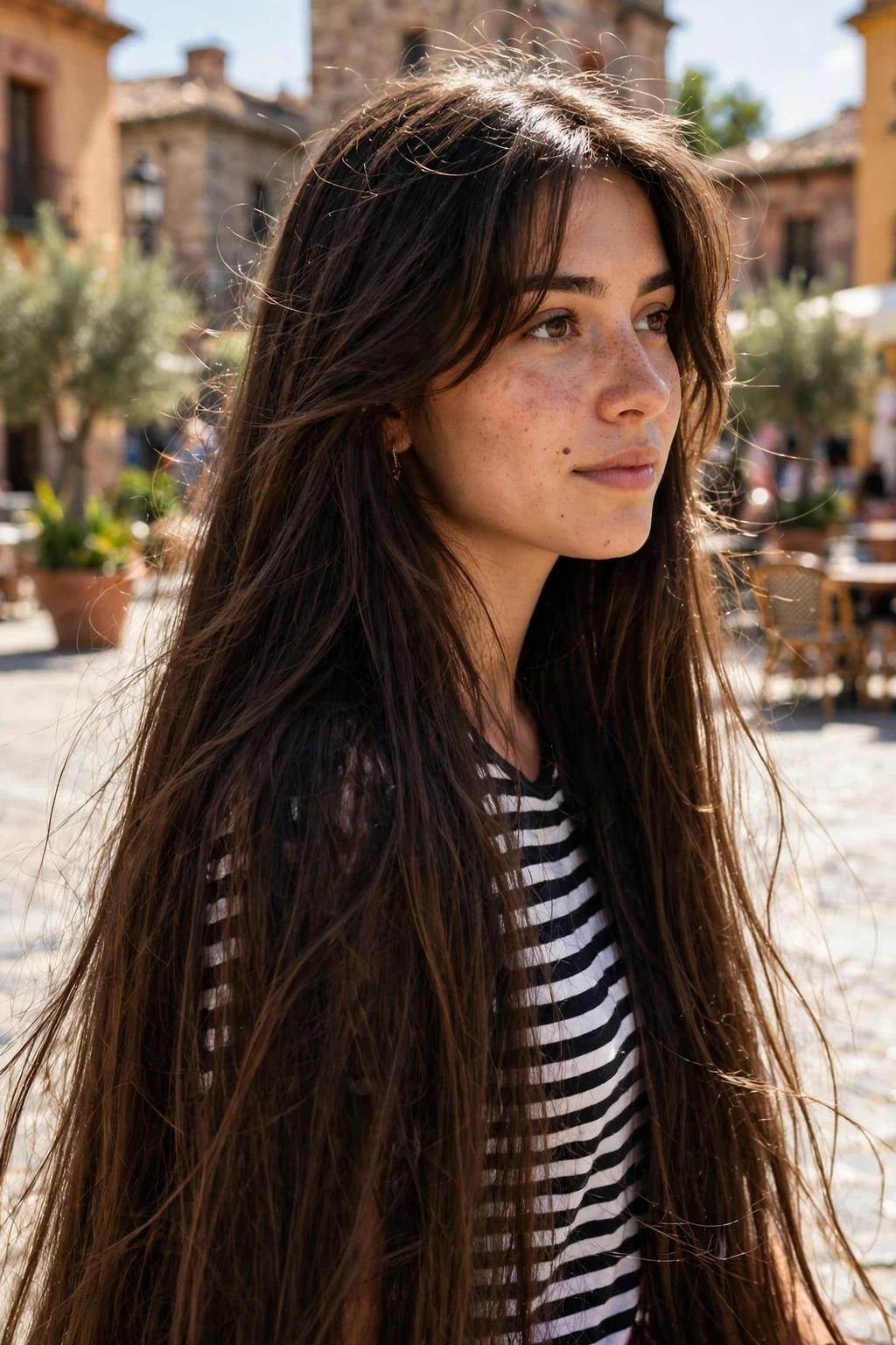 A young Spanish woman in her mid 20s with very long dark brown straight hair with curtain layers, wearing a black and white striped top in a sunny plaza.