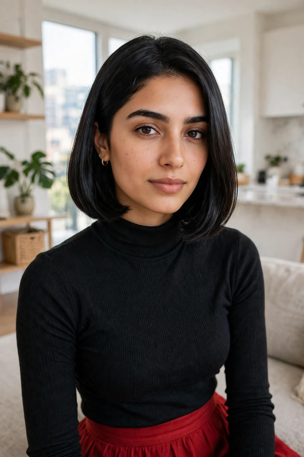 A young woman with a straight glass chin bob, wearing a white shirt and red skirt in a bright modern apartment.
