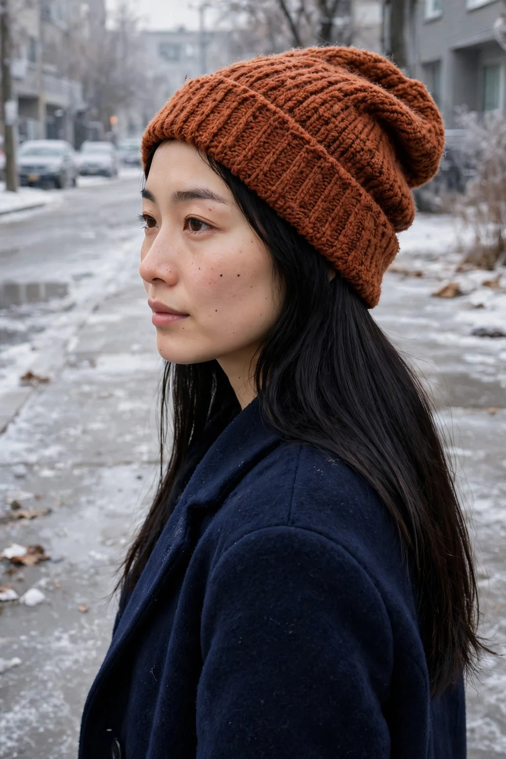 Young woman with straight glass hair under a slouchy beanie, wearing a navy coat on an icy sidewalk.
