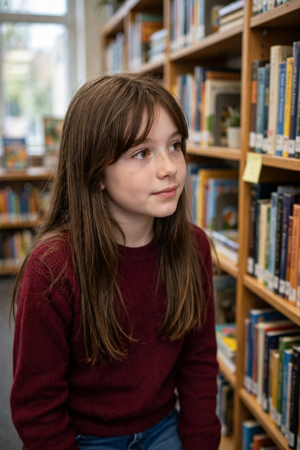 A schoolgirl with straight hair and curtain bangs in a school library.